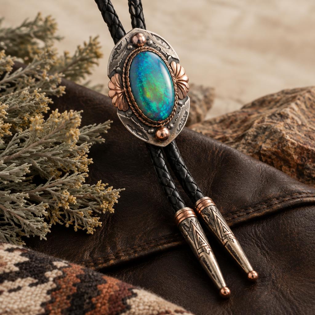 Blue-green opal bolo tie with silver and copper details