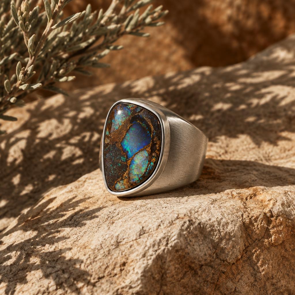 Brushed silver men's ring with a dark boulder opal