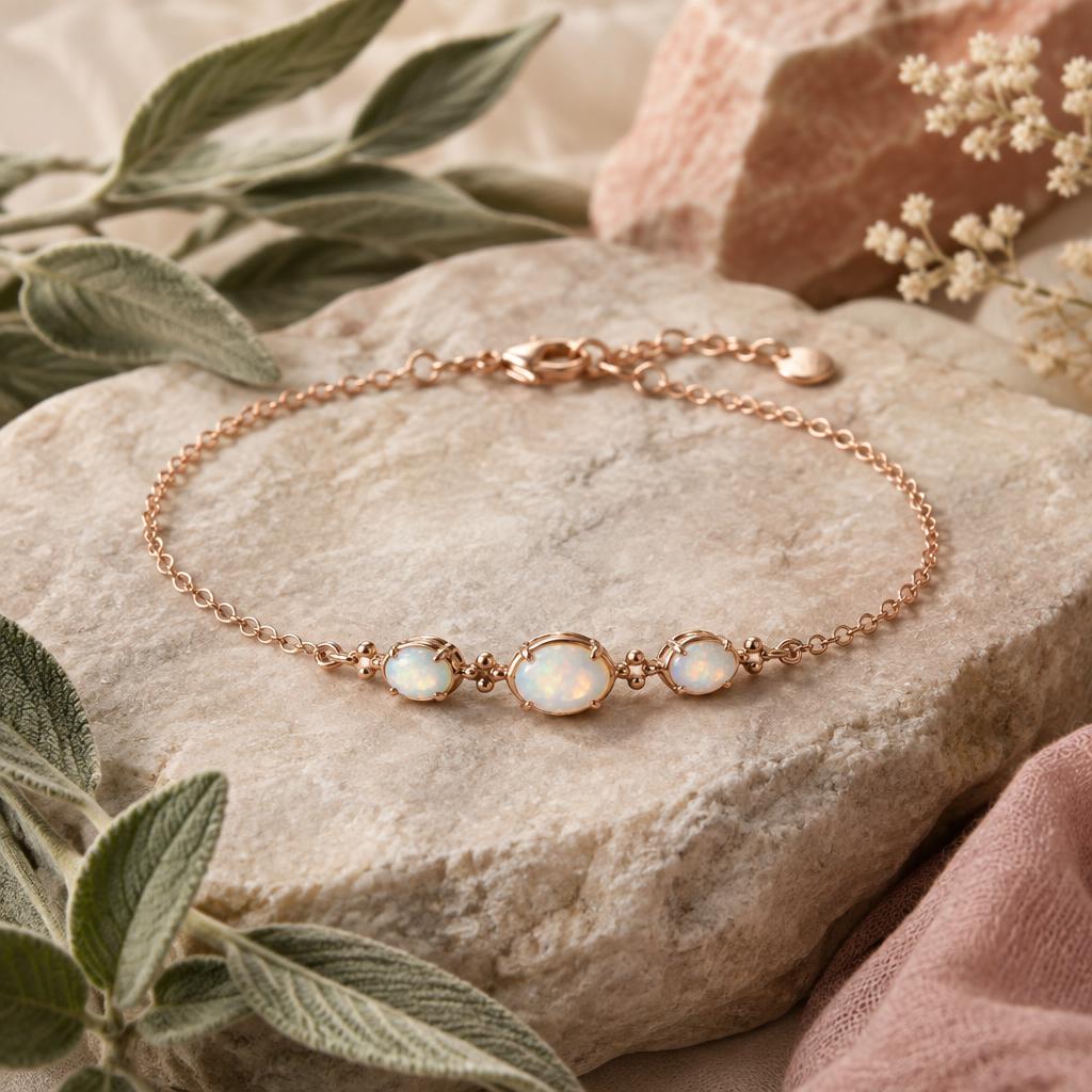 Delicate rose-gold bracelet with three white opals