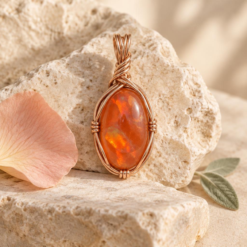 Fire opal pendant wrapped in rose-gold wire