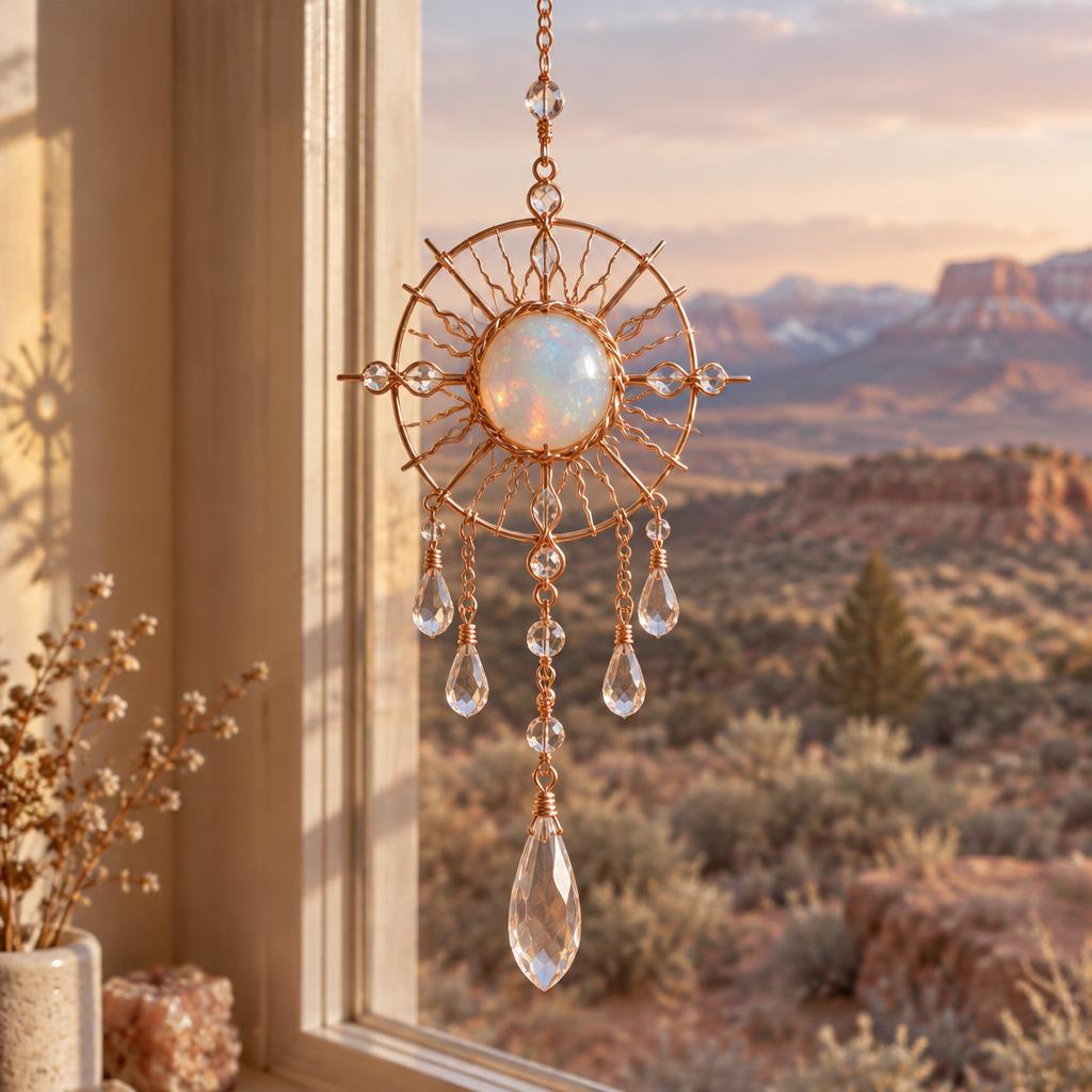 Rose-gold sun catcher with an opal center and crystal drops