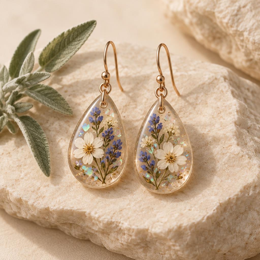 Pressed alpine flowers set in resin earrings
